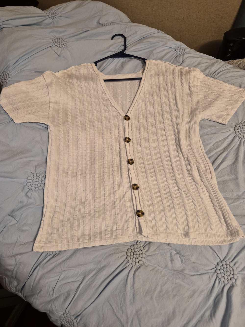 Women’s Short-Sleeve V-Neck Button Front Knit Blouse – White